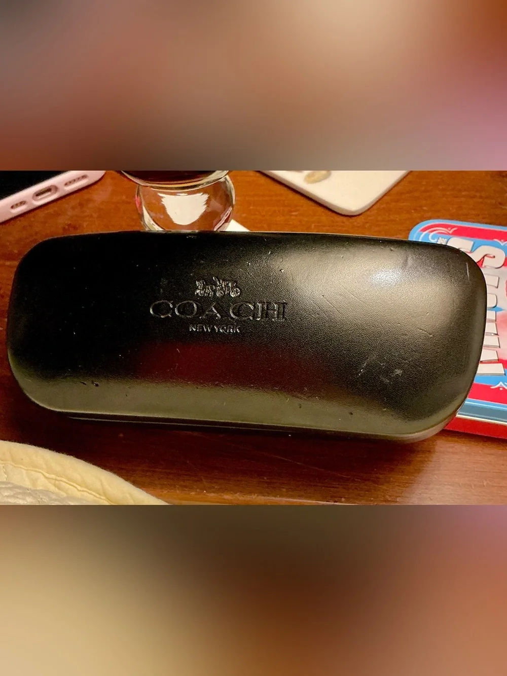 Coach Black Eyewear Clamshell Case. Leather embossed w/a Horse & Carriage COACH